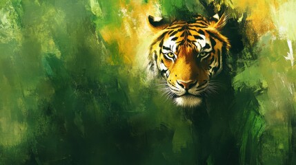Poster - Vibrant tiger portrait in a lush jungle setting with space for text. Generative AI