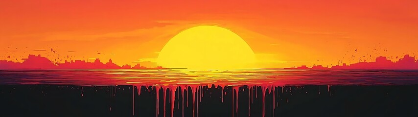 Wall Mural - dried zesty drizzle vibrant sunset over calm ocean with silhouetted horizon landscape