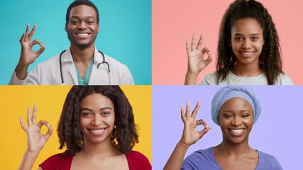 Poster - A diverse group of individuals expresses positivity with an okay gesture, showcasing unity in healthcare. They wear varied outfits against vibrant backgrounds, promoting lifestyle wellness.
