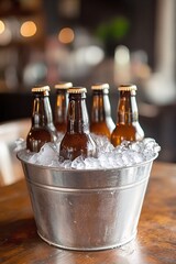 Poster - Five brown beer bottles cooling in an ice bucket