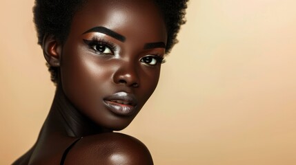 Wall Mural - Close-up portrait of a beautiful woman with striking makeup and natural hair against a soft gradient background