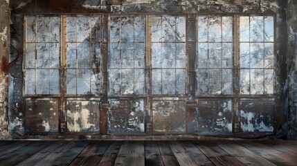 Poster - Abandoned warehouse interior with large, dirty windows reflecting a snowy landscape and weathered wooden floor