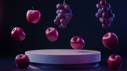 Poster - Minimalistic Futuristic Podium with Floating Fruits in 3D Environment