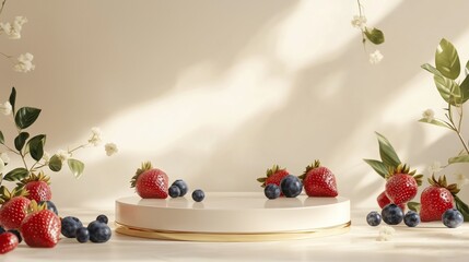 Poster - Luxurious 3D Podium with Golden Accents Surrounded by Fresh Fruits