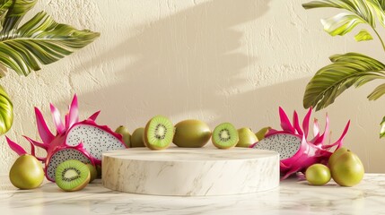 Poster - High-End 3D Rendered Podium with Marble Textures and Fruits