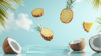 Poster - 3D Geometric Style Podium with Floating Pineapple Slices and Coconut