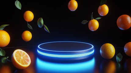 Poster - Futuristic Neon Podium Surrounded by Floating Oranges and Leaves