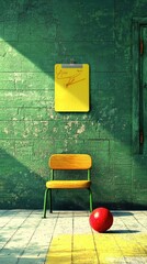 Poster - Empty classroom, yellow chair, red ball, green wall, waiting