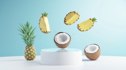 Poster - Empty 3D Podium With Glass Displaying Floating Fruit Elements
