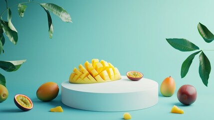 Poster - Minimalist Podium with Fresh Mango Display in Futuristic Setting