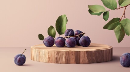 Poster - Natural Wooden Podium with Earthy Textures and Fresh Plums Decor