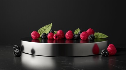 Poster - Sophisticated 3D Podium with Reflective Surfaces and Berries