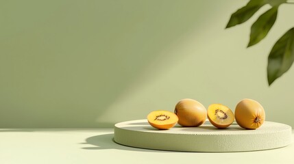Poster - Hyperrealistic Ceramic Podium Displaying Fruit Against Green Backdrop