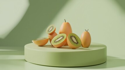 Poster - Hyperrealistic Ceramic Fruits Displayed on Textured Green Podium