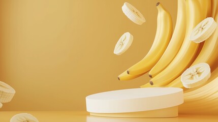 Poster - Contemporary Minimalist Podium with Floating Bananas in Yellow Background