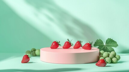 Poster - Dreamy Pastel Podium with Strawberries and Shadows on Soft Surface