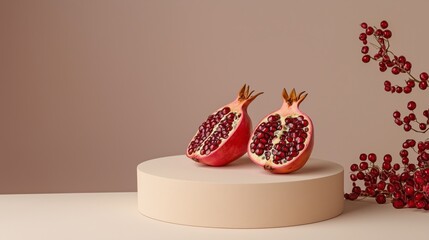 Poster - Premium Geometric Podium Displaying Fresh Cut Pomegranates
