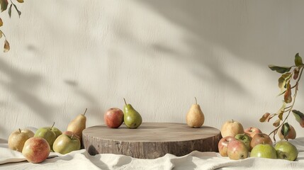 Poster - Rustic Farmhouse Podium with Fresh Fruits on Empty Display Table