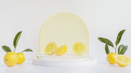 Poster - Minimalistic High Fashion Display with Yellow Lemons on Podium