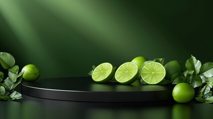 Poster - Glossy Black Podium Display with Fresh Limes and Dramatic Lighting