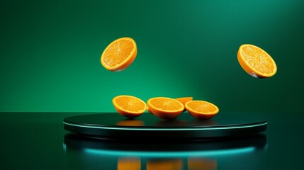 Poster - Glossy Black Podium with Soft Ambient Light and Floating Oranges