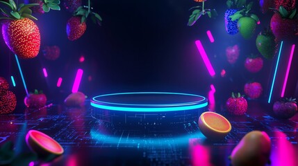 Poster - Futuristic Sci-Fi Inspired Empty Podium with Vibrant Fruits Background