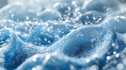 Poster - Water droplets bouncing on waterproof blue fabric material