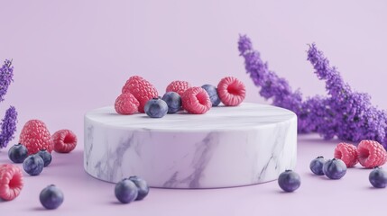 Poster - Minimalist 3D Empty Podium with Smooth Marble and Berries