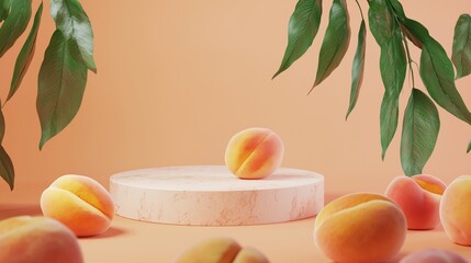 Poster - Soft Matte Hyperrealistic Podium with Empty Space and Peaches