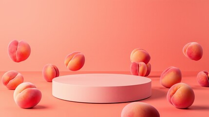 Poster - Hyperrealistic Empty Podium With Soft Matte Peaches on Pink Background