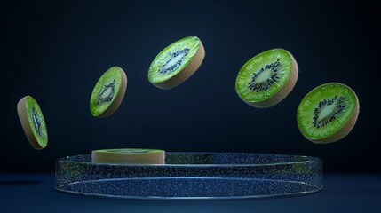 Poster - Surreal Floating Kiwi Slices Above Transparent Podium Background