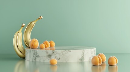 Poster - Luxurious Textured Marble Podium with Golden Bananas and Melon