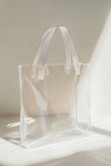Poster - Empty transparent tote bag standing on white surface