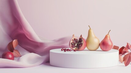 Poster - Elegant Arrangement of Fruits on Clean White Ceramic Podium