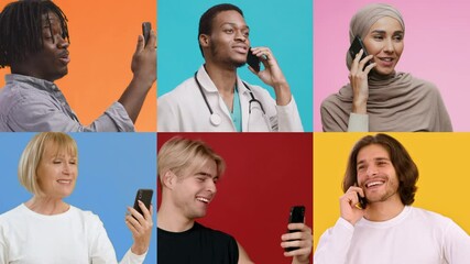 Poster - A multiethnic collection of men and women use smartphones while communicating. The vibrant backgrounds enhance the diversity and modern lifestyle reflected in the interactions.