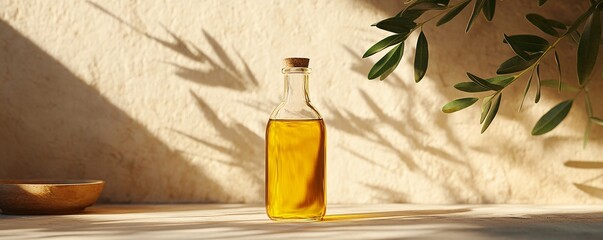 Aufkleber - Bottle of golden olive oil casting a shadow on a table