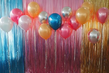 Poster - Festive party backdrop with balloons and shimmering tinsel in bright colors, perfect for celebrations and events. Generative AI