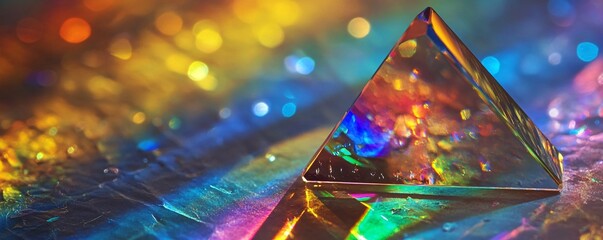 Poster - Glass pyramid refracting colorful bokeh lights background