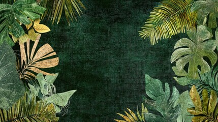 Poster - Tropical leaves border, dark green background, nature design, website banner