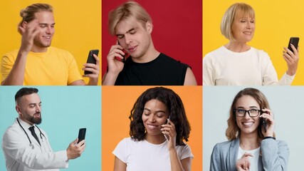 Poster - A collection of multiracial individuals using smartphones in vibrant settings. Each person expresses a range of emotions while interacting with technology, showcasing modern lifestyles.