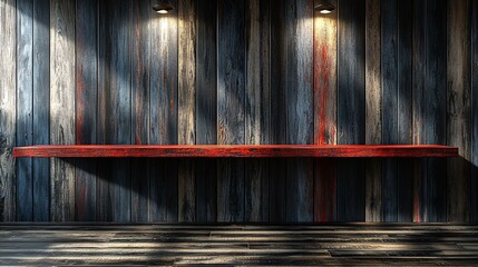 Poster - Red shelf on rustic wood wall, empty, display, interior, product placement, background