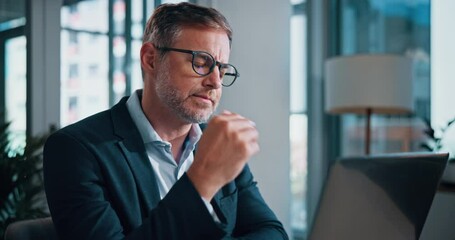 Poster - Mature man, thinking and laptop in office for solution, insight and problem solving for financial management. Person, investor and confused with stock market, results or review for trading at company