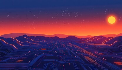 Poster - Digital Circuitry Landscape at Sunset:  Neon Lines, Mountains, and Starry Sky, Vibrant Colors