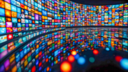 Blurred image of multimedia streaming wall with colorful vibrant channels. Curved video wall.