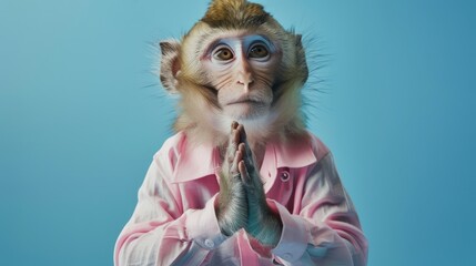 Wall Mural - A monkey in a pink shirt poses with its hands together in a prayer gesture against a blue background