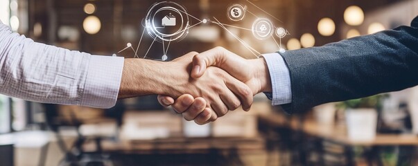 Poster - Two businessmen shaking hands with digital business icons overlaid