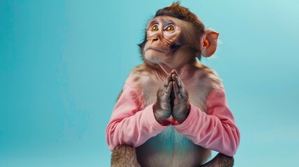 Wall Mural - A curious monkey in a pink sweater sits with clasped hands, gazing thoughtfully against a vibrant blue background