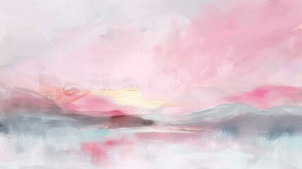 Wall Mural - Serene pastel landscape with soft pink hues at sunset, reflecting on calm waters and distant mountains