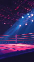 An empty boxing ring is illuminated by stage lights