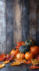 Poster - Colorful pumpkins and leaves laying on a rustic wooden surface